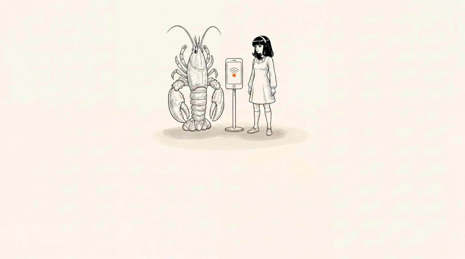 Pen-and-ink illustration of a lobster (the OpenClaw agent) and the Hermes agent standing side by side with a phone between them, representing keeping each local AI agent reachable from anywhere