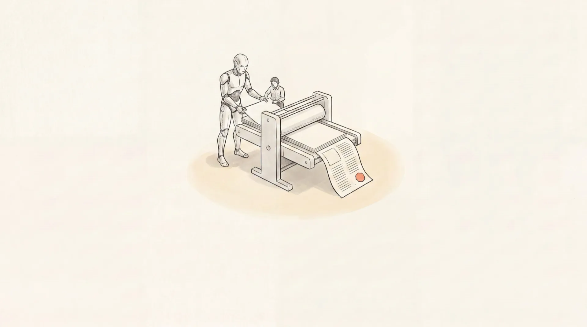 Pen-and-ink illustration of a robot and a person running a small printing press, representing an AI-assisted newsletter workflow