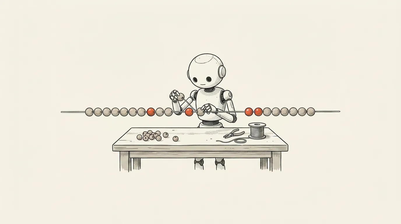 A small robot at a workbench threading a big plan onto a single wire as a tidy, ordered string of beads — a few of them marked in coral.