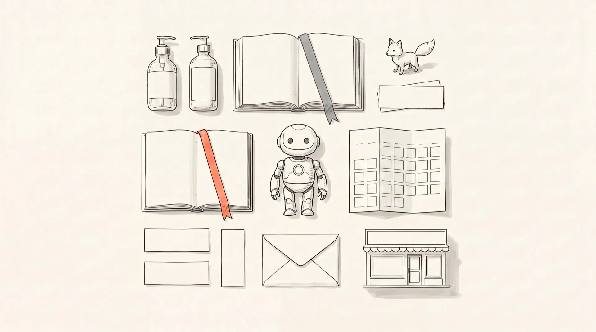 15 Fable prompts for people who don't code, illustrated as a pen-and-ink flat lay with a small robot, open books, an envelope, and a storefront