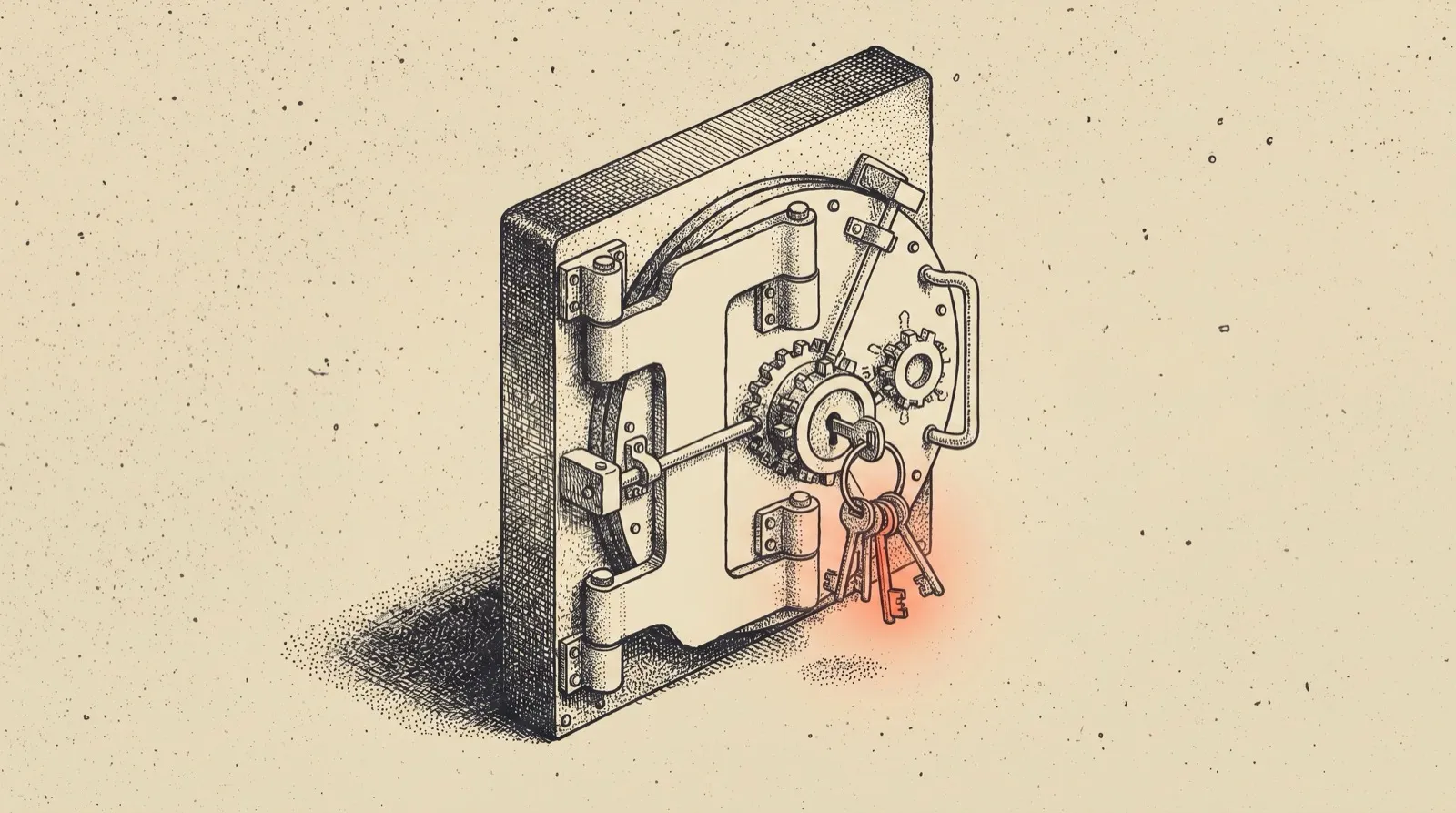 Ink illustration of a vault with a ring of keys and one key glowing coral — governance and scoped access for running AI agents safely