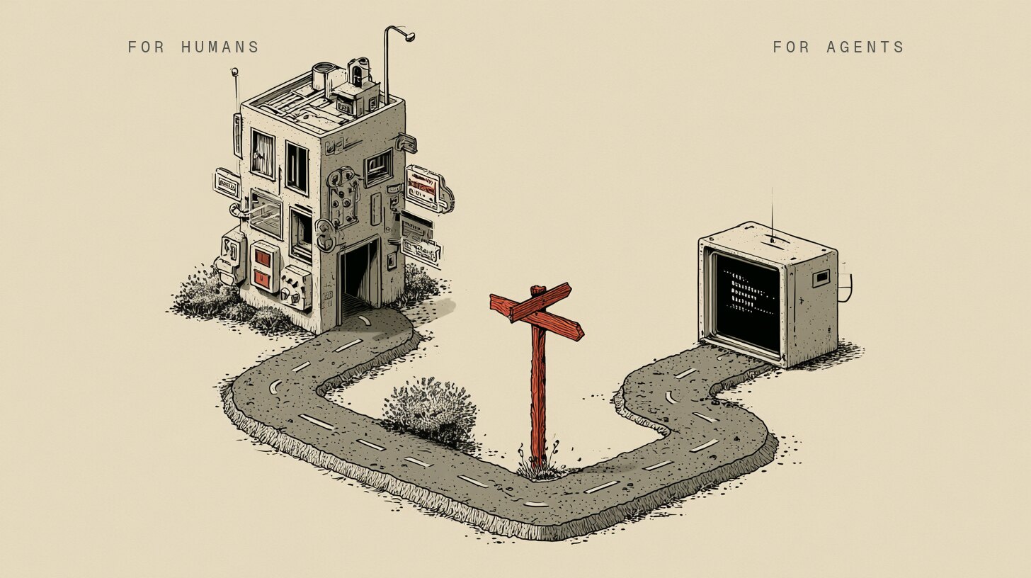 An isometric drawing of a road that splits in two at a wooden signpost. The left fork leads to a tall, complex building covered in windows, doors, signs, and dials, labeled 'for humans'. The right fork leads to a small clean structure with a single screen, labeled 'for agents'. Both paths are well-worn.