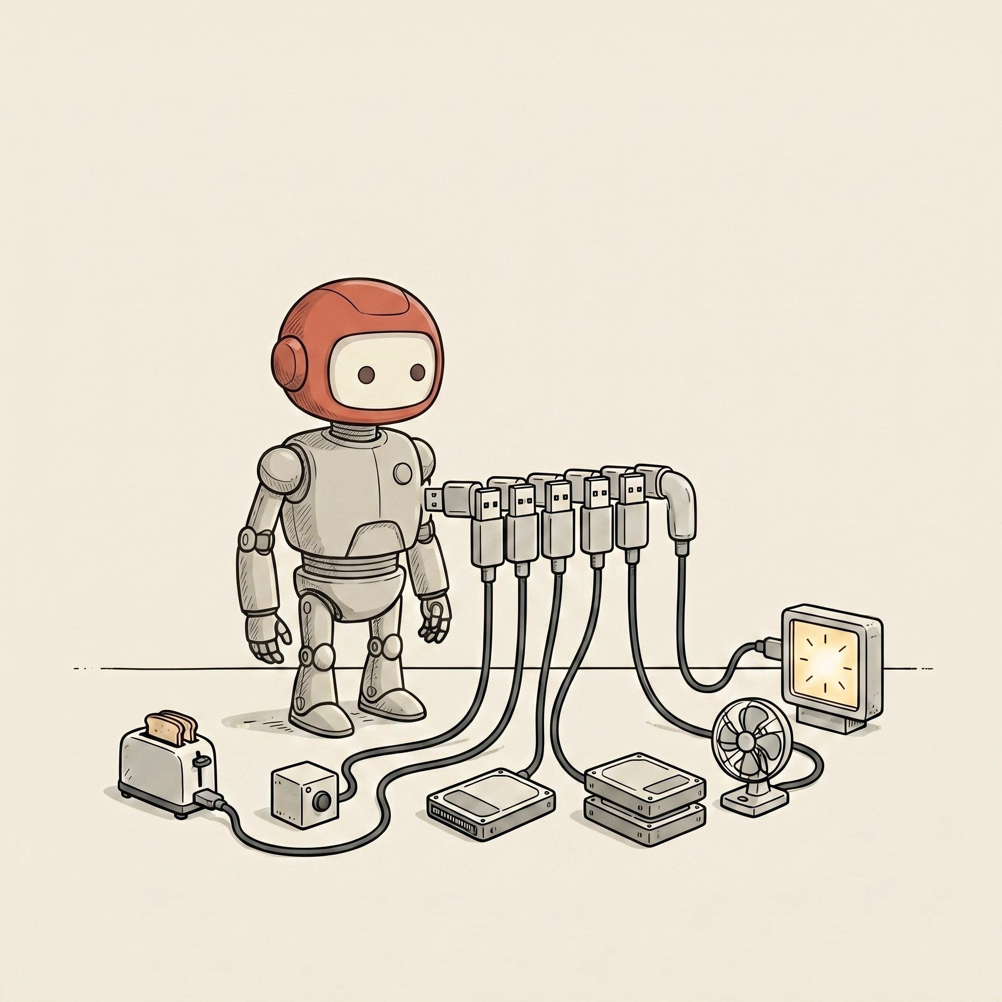 The MCP image: one universal connector, many tools.