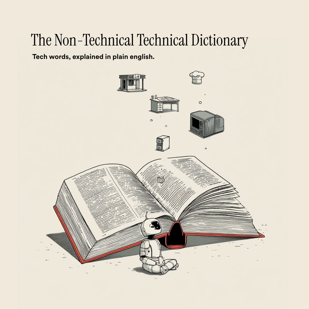 The Non-Technical Technical Dictionary share card: the finished, composed version. The illustration plus the type, which is the exact trick this whole post is about.