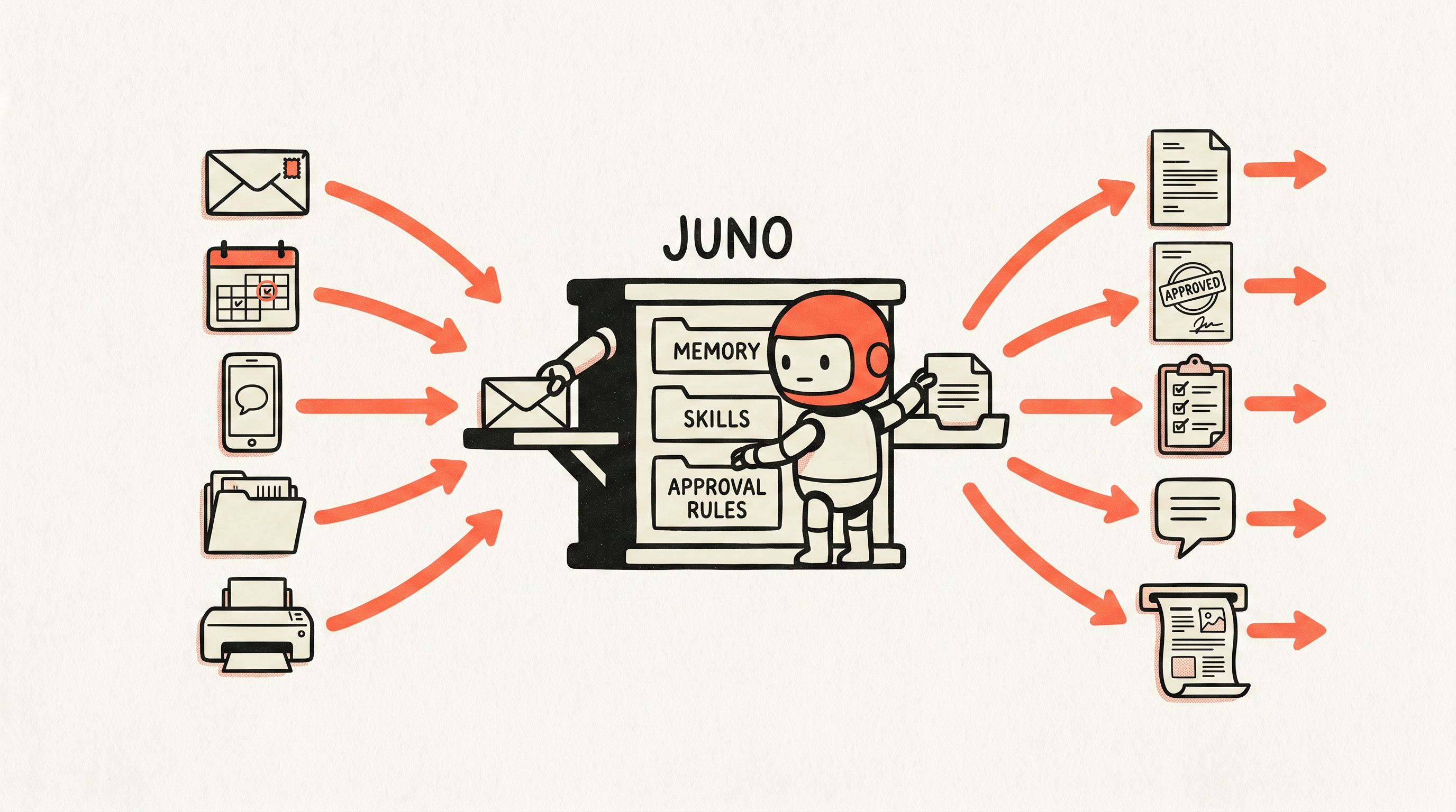 Diagram: where Juno sits in the household. Inputs like email, calendar, texts, documents, and the printer flow through Juno, which holds the memory, the skills, and the approval rules, and come back as a daily brief, a decision packet, a tracker update, a drafted message, and a printed form.