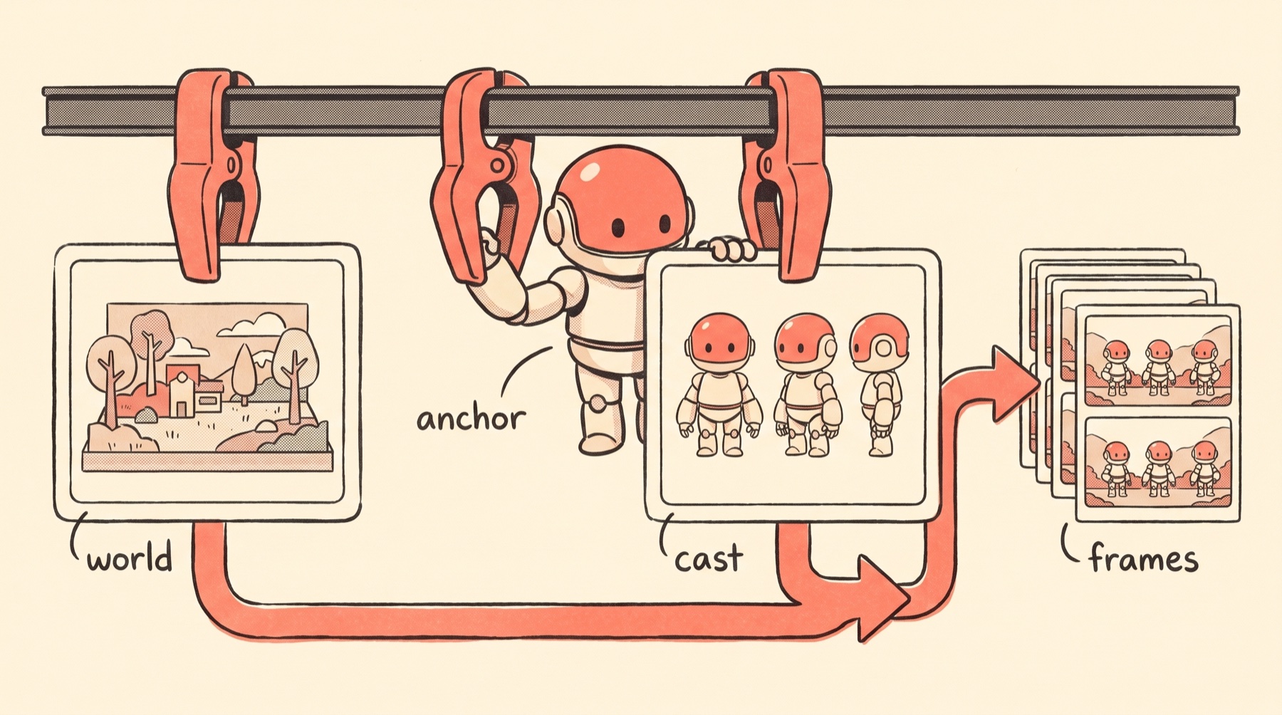 The world-versus-cast anchor system: one reference locks the visual world, another locks the recurring robot character.