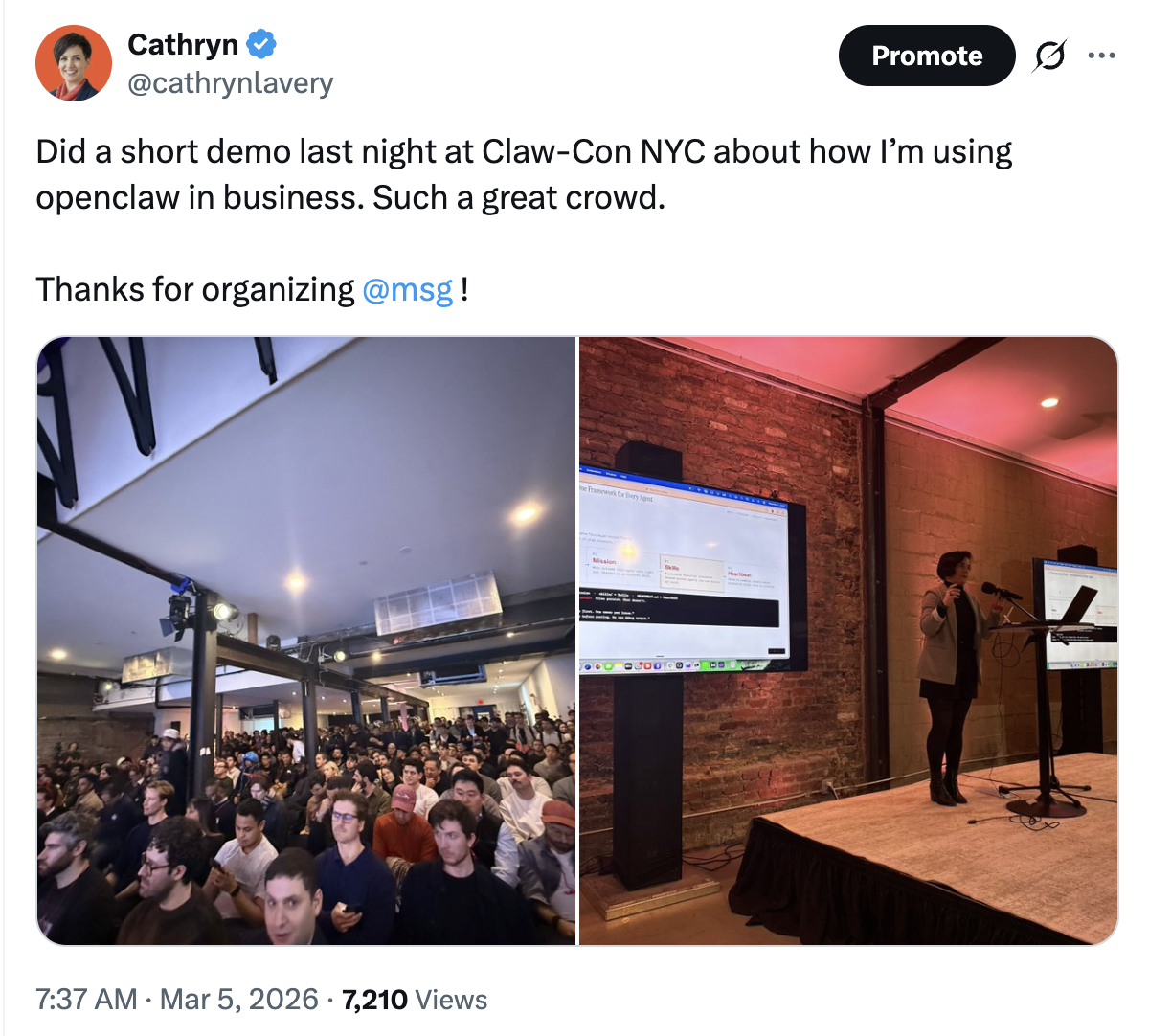Tweet from Cathryn at Claw-Con NYC: Did a short demo last night at Claw-Con NYC about how I'm using OpenClaw in business. Such a great crowd. Thanks for organizing @msg.