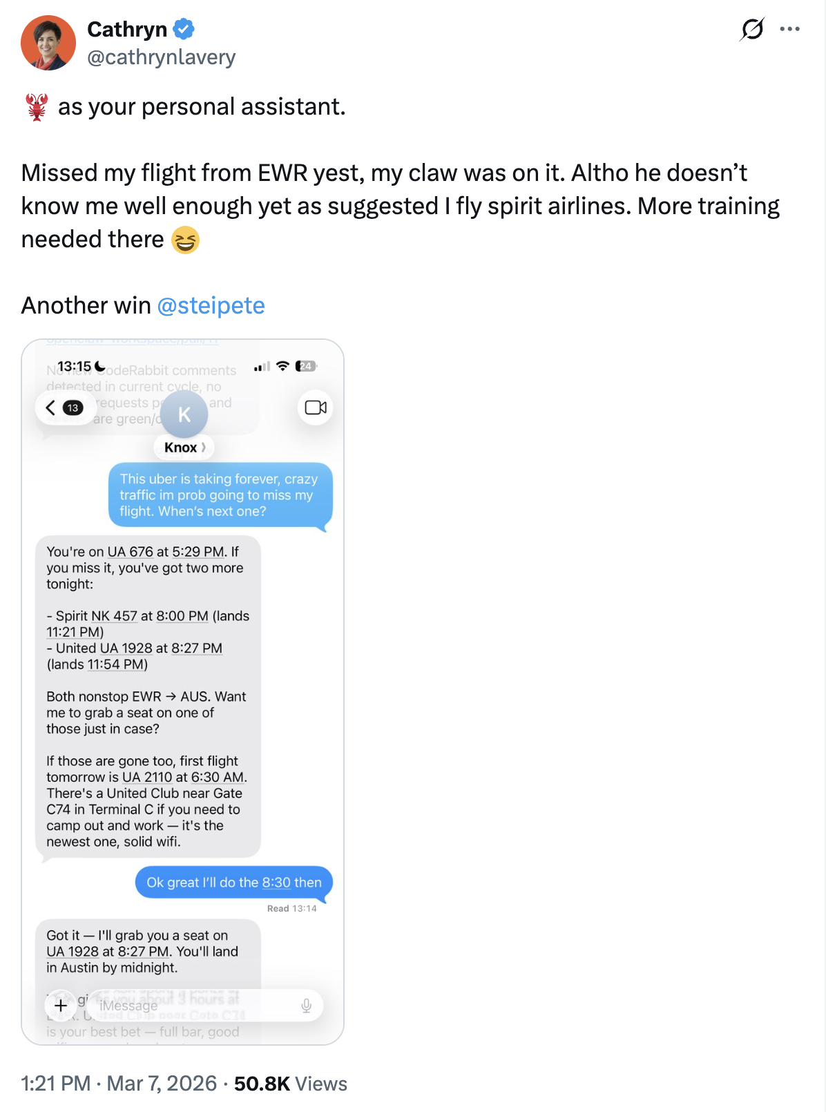 Tweet from Cathryn: lobster as your personal assistant. Missed my flight from EWR yesterday, my claw was on it. Although he doesn't know me well enough yet as suggested I fly spirit airlines. More training needed there.
